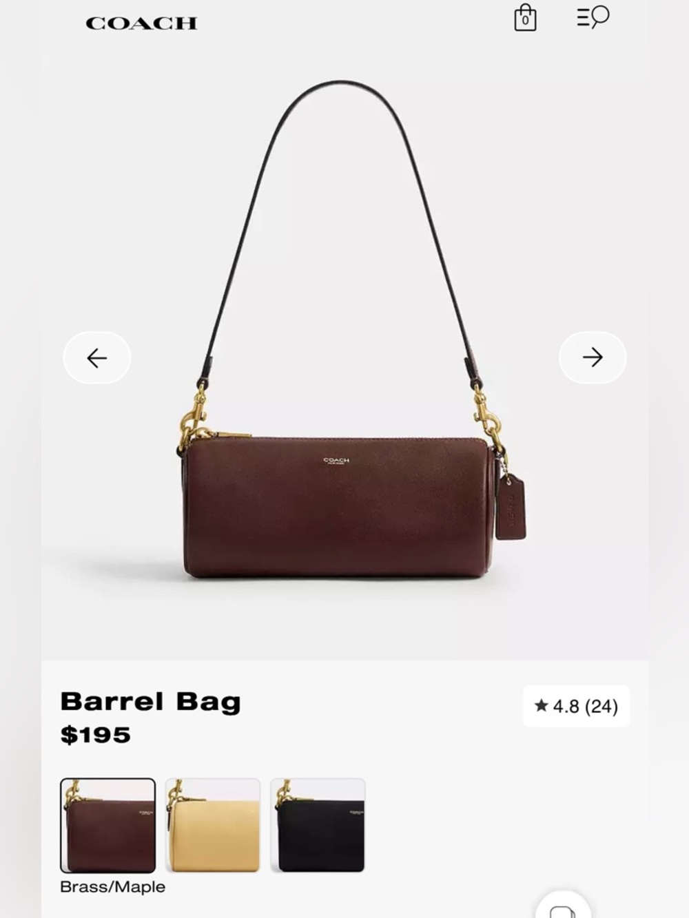 COACH Barrel Shoulder Bag in Maple Brown with Gold Hardware